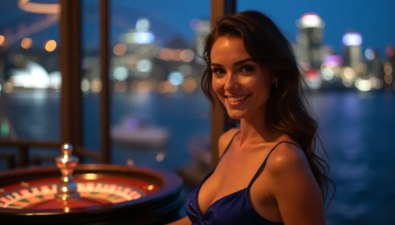 Smiling brunette woman in a Sydney apartment with JeetCity casino ambience